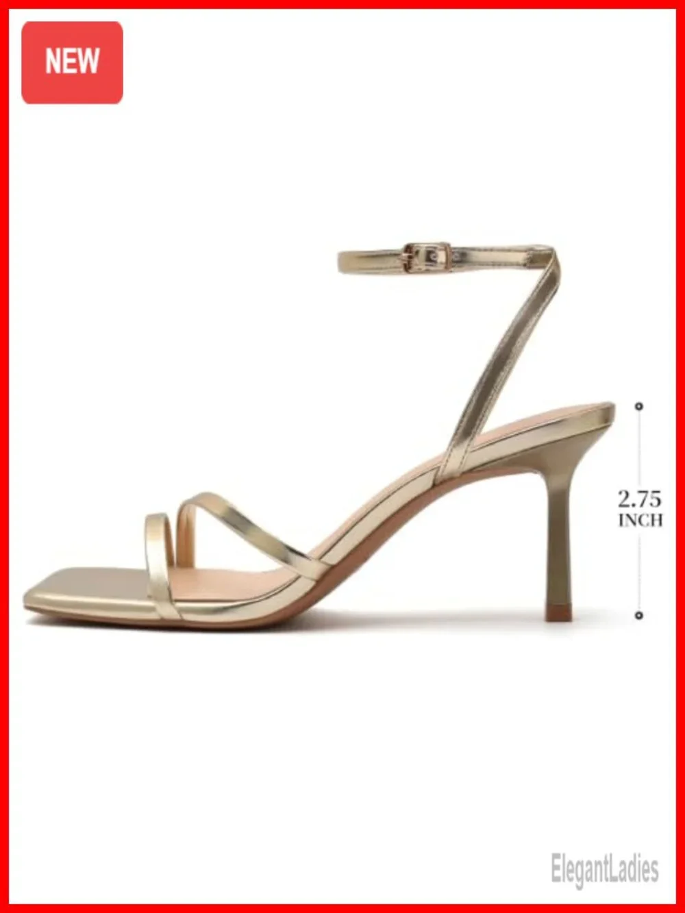 Square Toe Strappy Kitten Heel Sandals Adjustable Ankle Strap Faux Leather